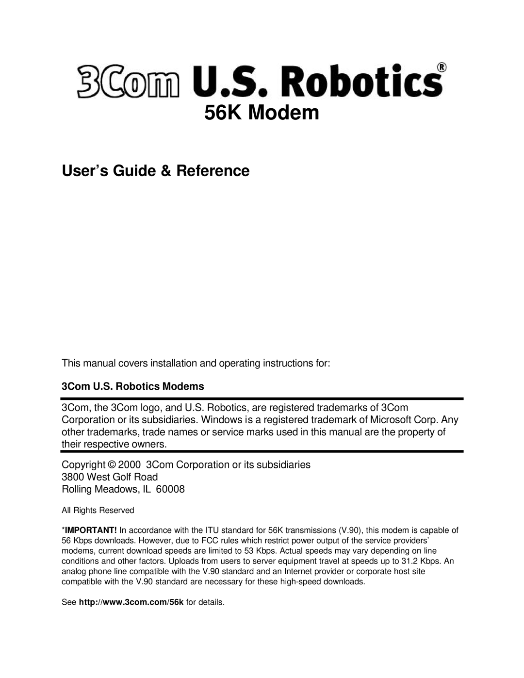 USRobotics 3Com manual 56K Modem 