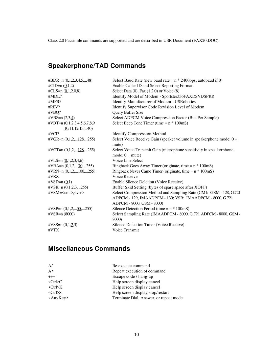 USRobotics 3Com manual Speakerphone/TAD Commands, Miscellaneous Commands 