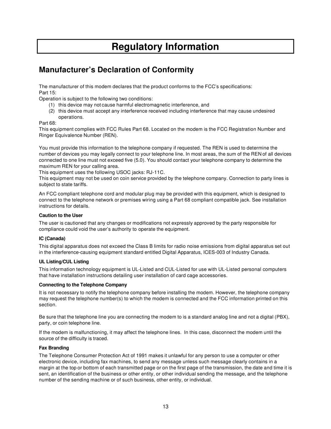 USRobotics 3Com manual Regulatory Information, Manufacturer’s Declaration of Conformity 