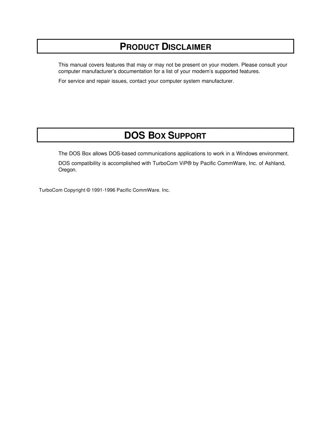 USRobotics 3Com manual Product Disclaimer, DOS BOX Support 