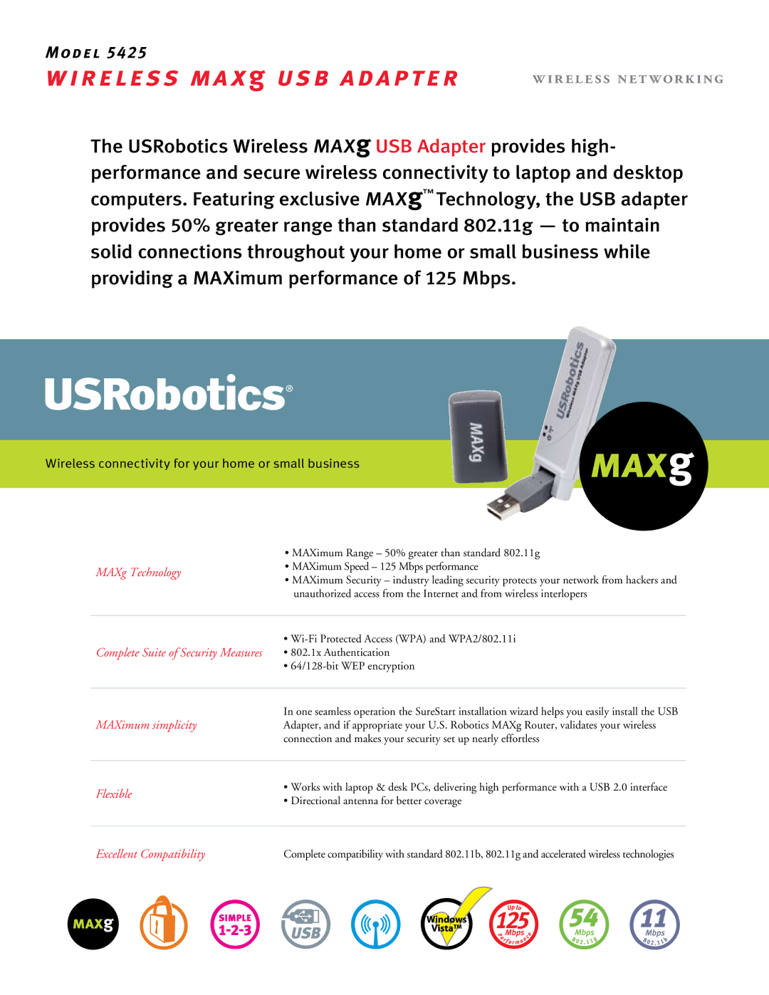 USRobotics 5425 manual MAXg Technology, Complete Suite of Security Measures, MAXimum simplicity, Flexible 