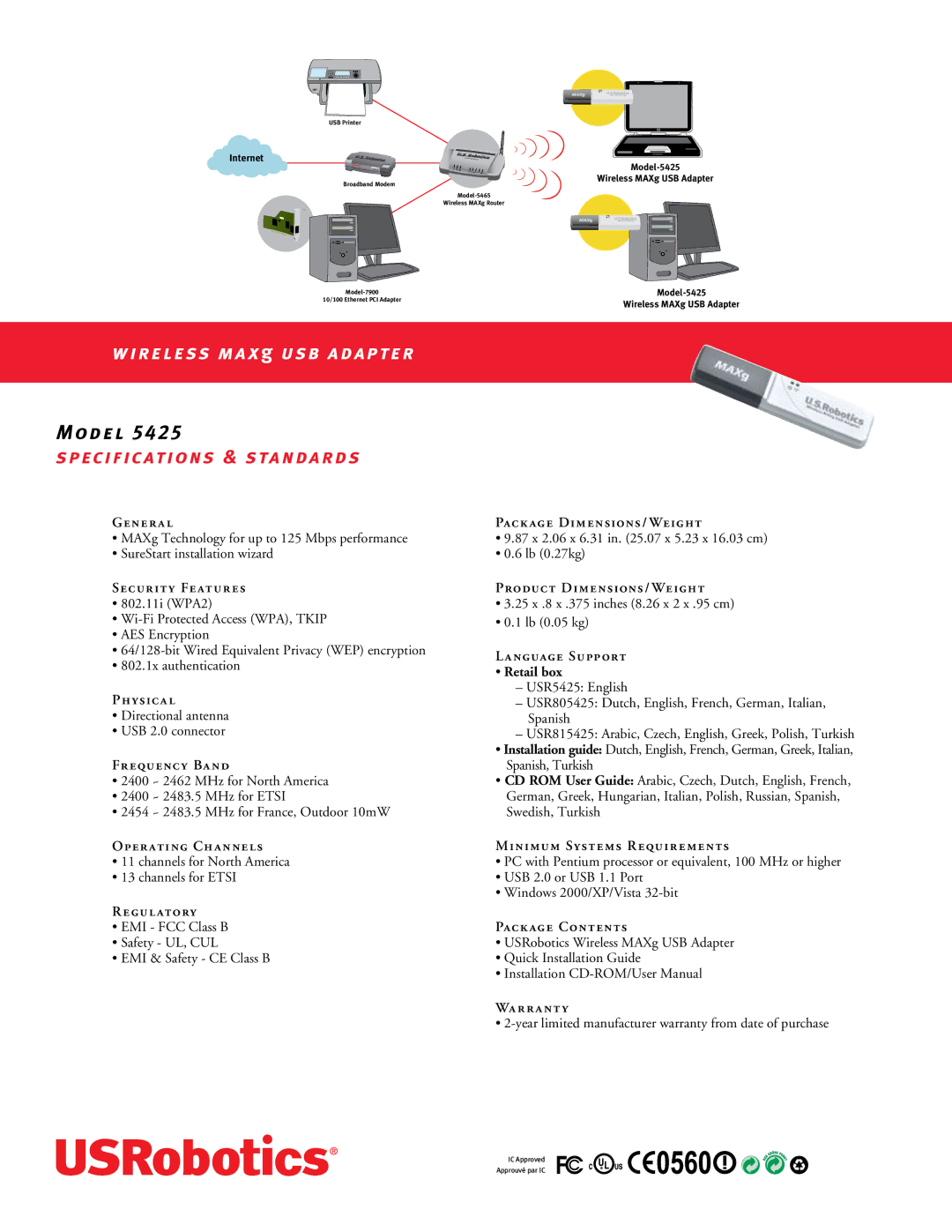 USRobotics 5425 manual Gener a L Package DIMENSIONS/WEIGHT, Security Features Product DIMENSIONS/WEIGHT, Language Support 