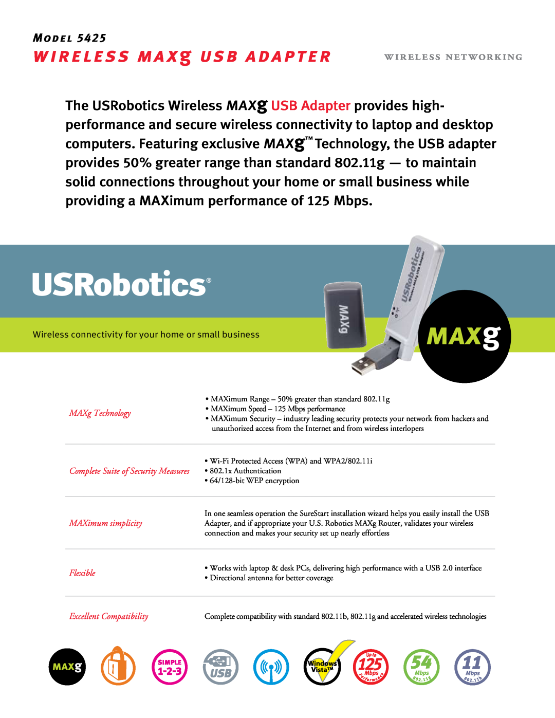 USRobotics 5425 manual WIRELESS MAX g USB ADAPTER, Model, Wireless Networking, MAXg Technology, MAXimum simplicity 