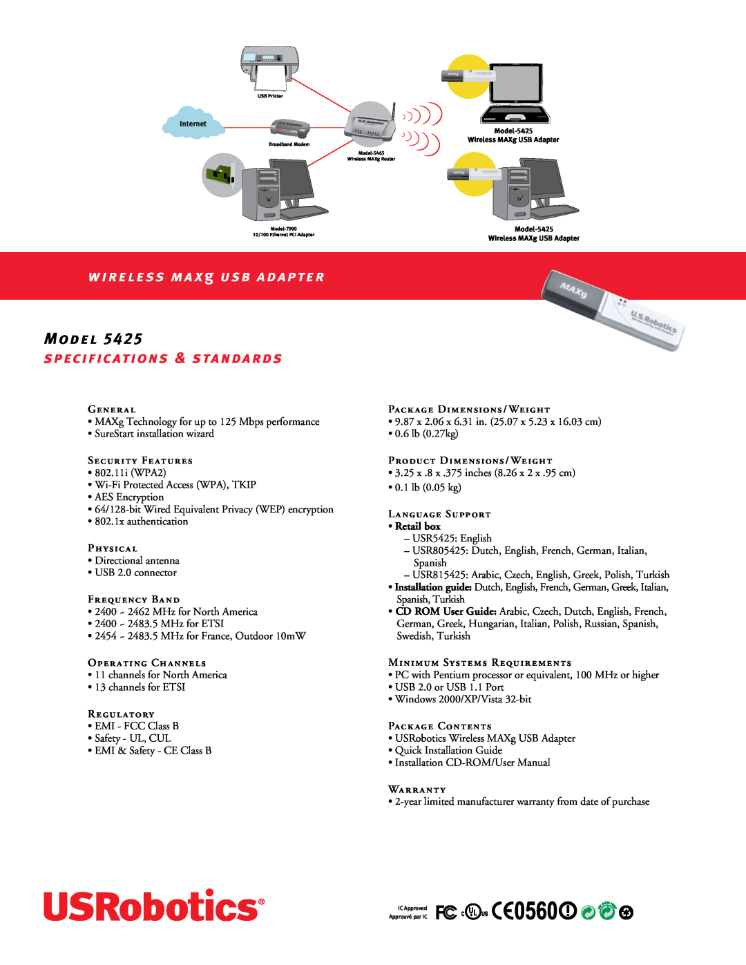 USRobotics 5425 manual Model, WIRELESS MAX g USB ADAPTER, Specifications & Standards 