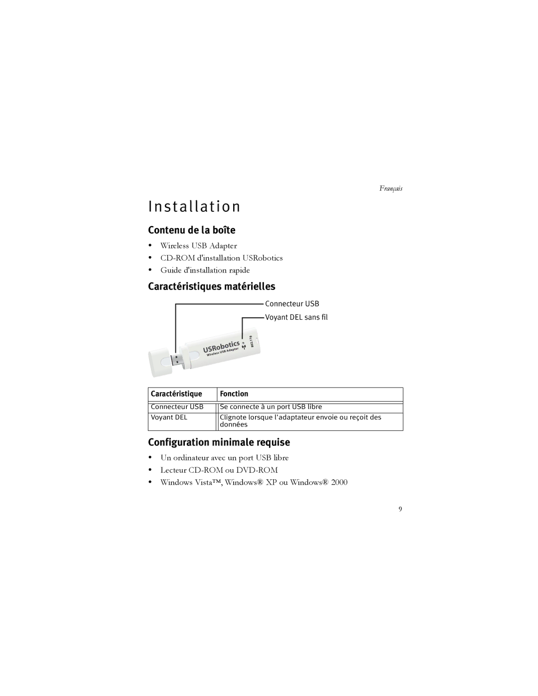 USRobotics 5426 manual Contenu de la boîte, Caractéristiques matérielles, Configuration minimale requise 