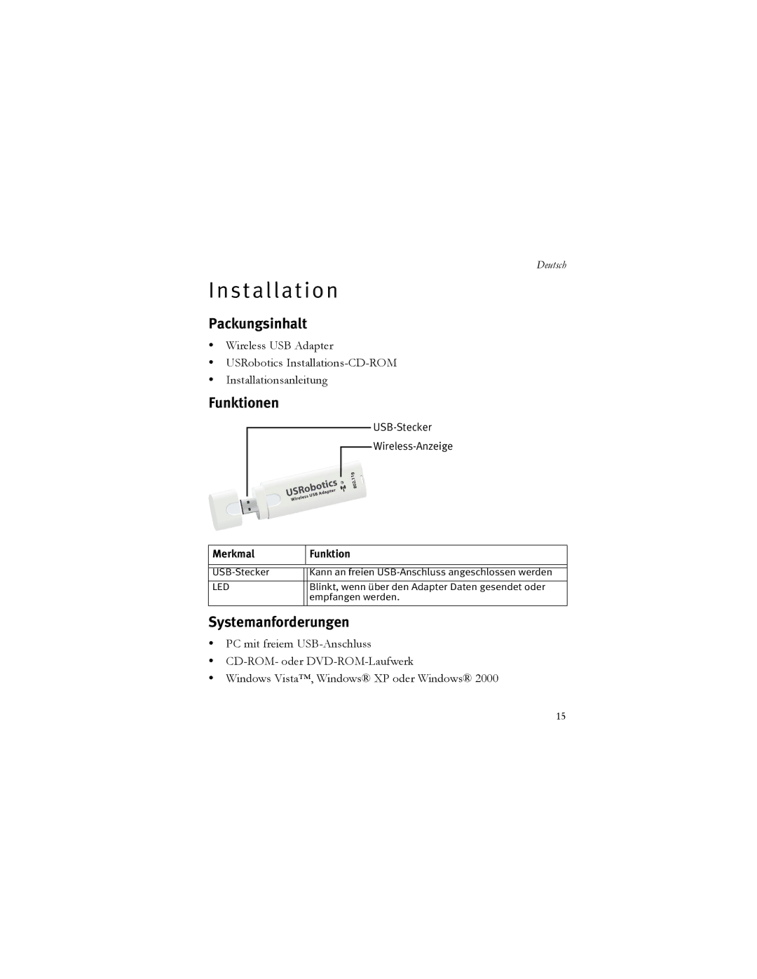 USRobotics 5426 manual Packungsinhalt, Funktionen, Systemanforderungen, Merkmal Funktion 