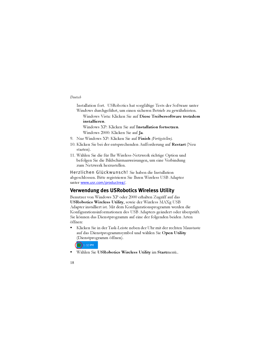 USRobotics 5426 manual Verwendung des USRobotics Wireless Utility, Wählen Sie USRobotics Wireless Utility im Startmenü 