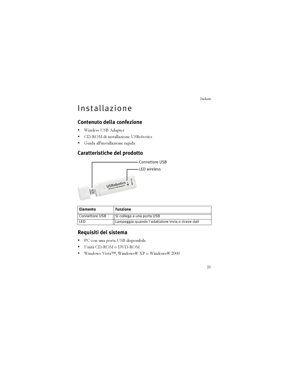 USRobotics 5426 manual Install a z i o n e, Contenuto della confezione, Caratteristiche del prodotto, Requisiti del sistema 