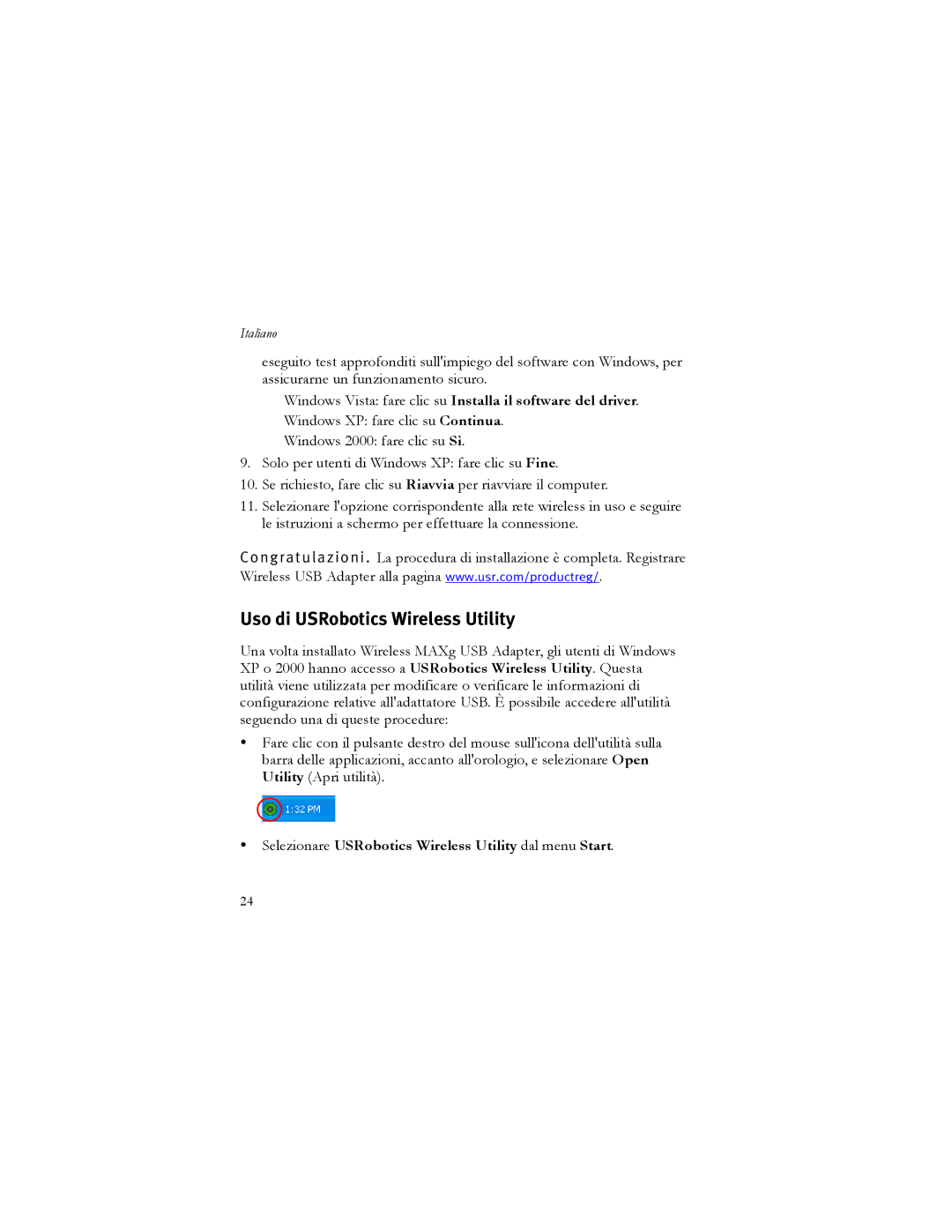 USRobotics 5426 manual Uso di USRobotics Wireless Utility, Selezionare USRobotics Wireless Utility dal menu Start 