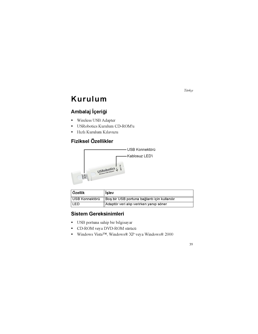 USRobotics 5426 manual Ambalaj İçeriği, Fiziksel Özellikler, Sistem Gereksinimleri, Özellik İşlev 