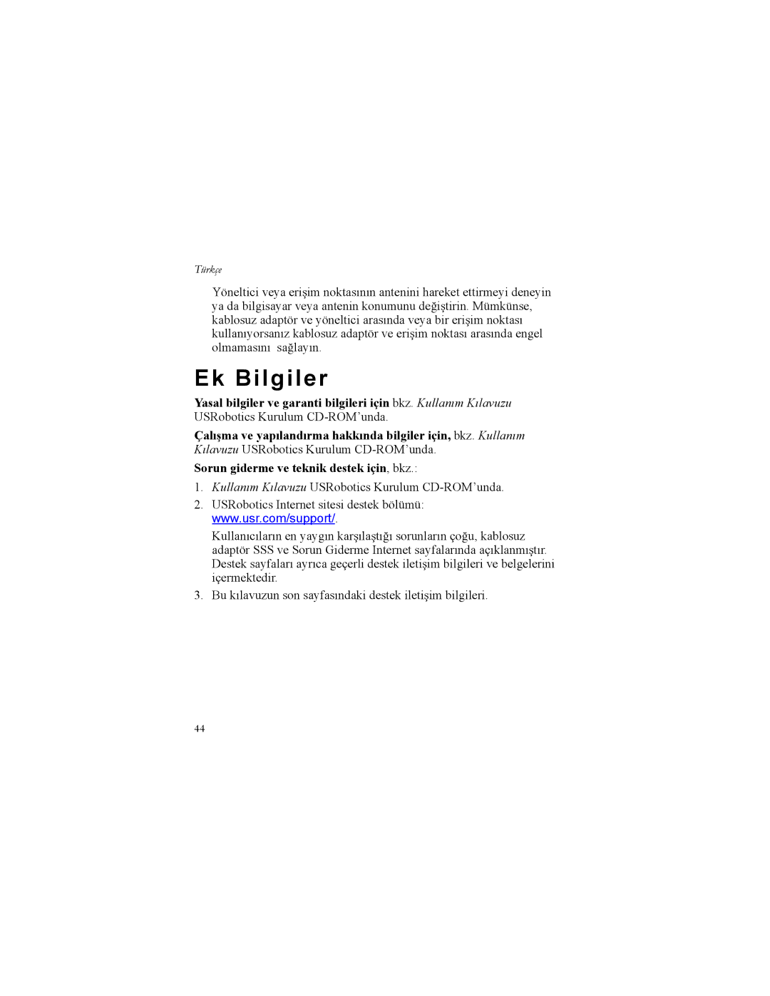 USRobotics 5426 manual Ek Bilgiler 