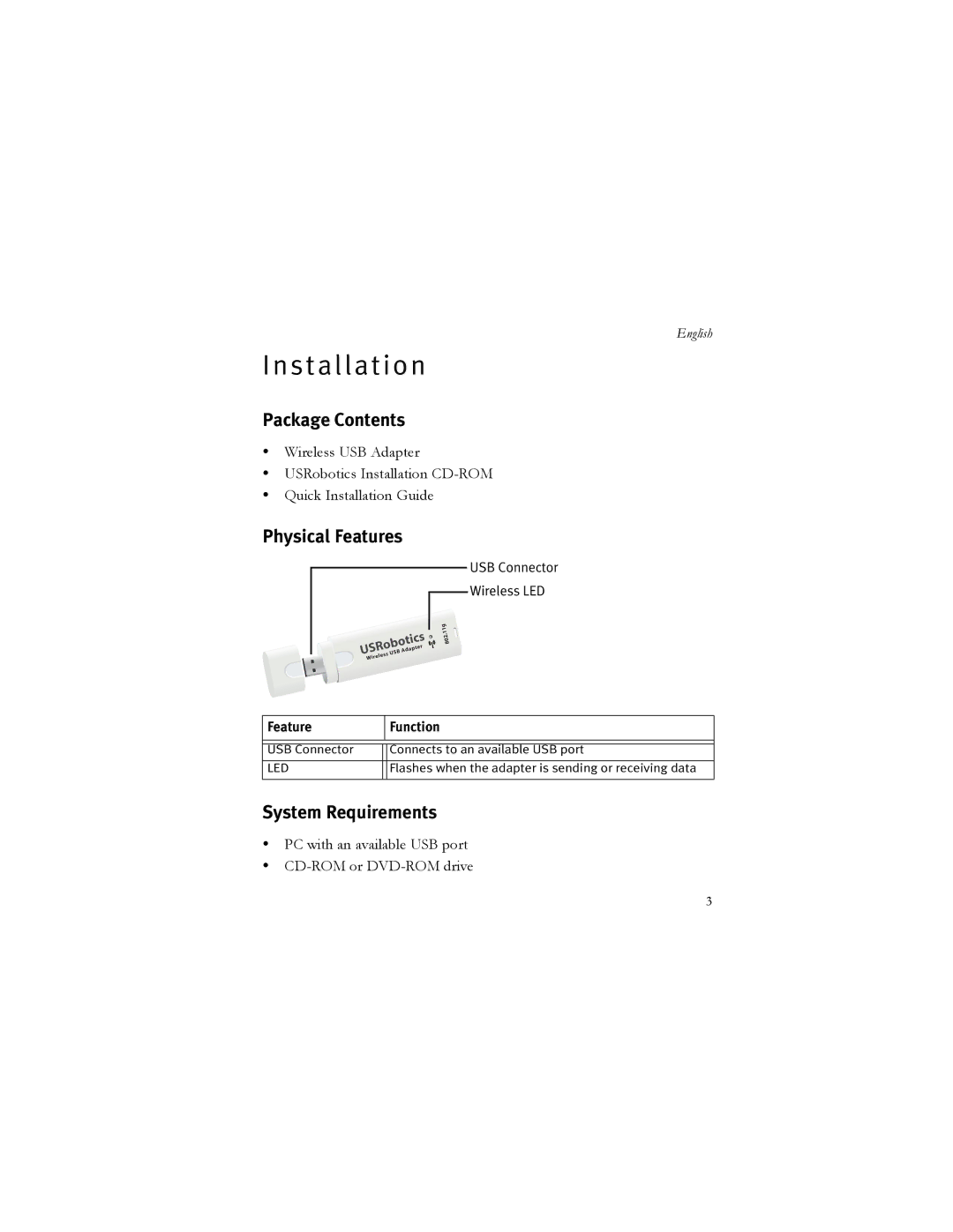 USRobotics 5426 manual St a l l a t i o n, Package Contents, Physical Features, System Requirements, Feature Function 