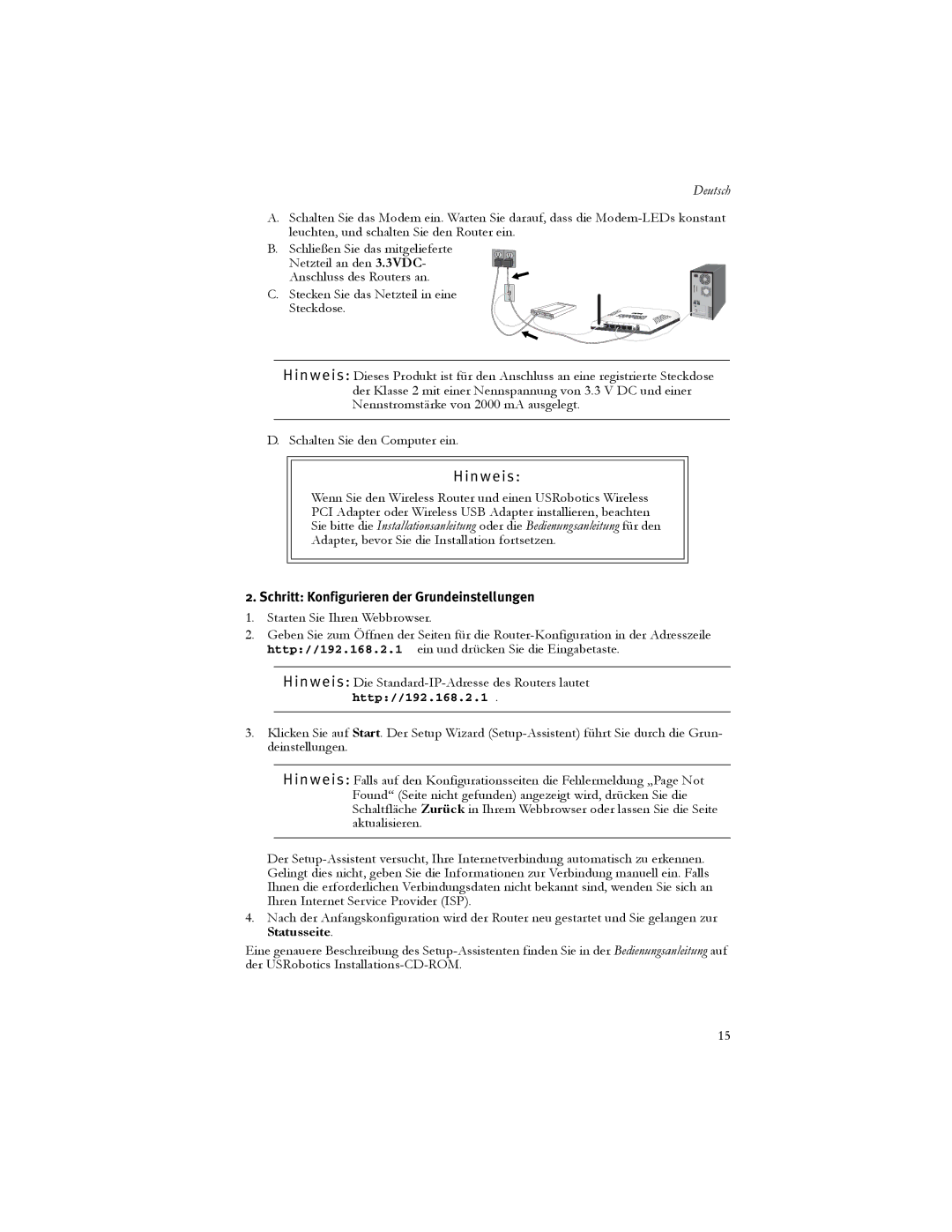 USRobotics 5466 manual N w e i s, Schritt Konfigurieren der Grundeinstellungen 