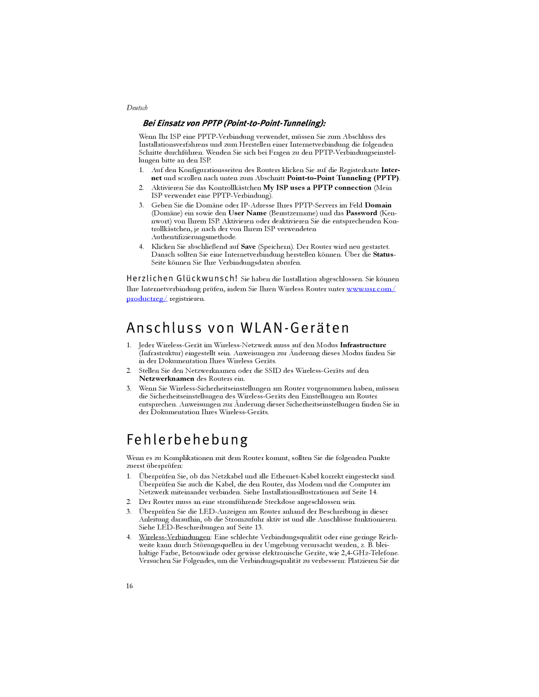 USRobotics 5466 manual Anschluss von WLAN- Geräten, Fehlerbehebung, Bei Einsatz von Pptp Point-to-Point-Tunneling 