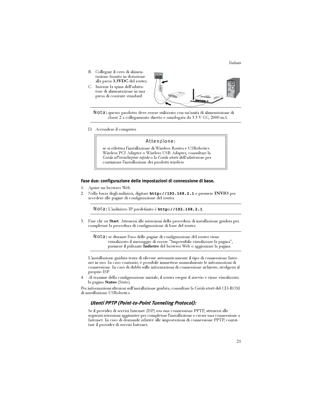 USRobotics 5466 manual T e n z i o n e, Utenti Pptp Point-to-Point Tunneling Protocol 