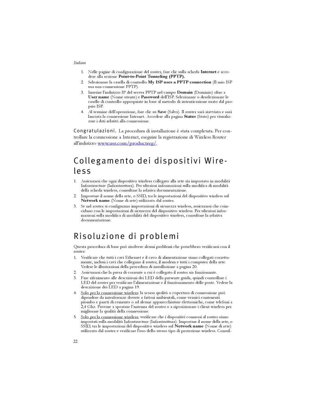 USRobotics 5466 manual Collegamento dei dispositivi Wire less, Risoluzione di problemi 