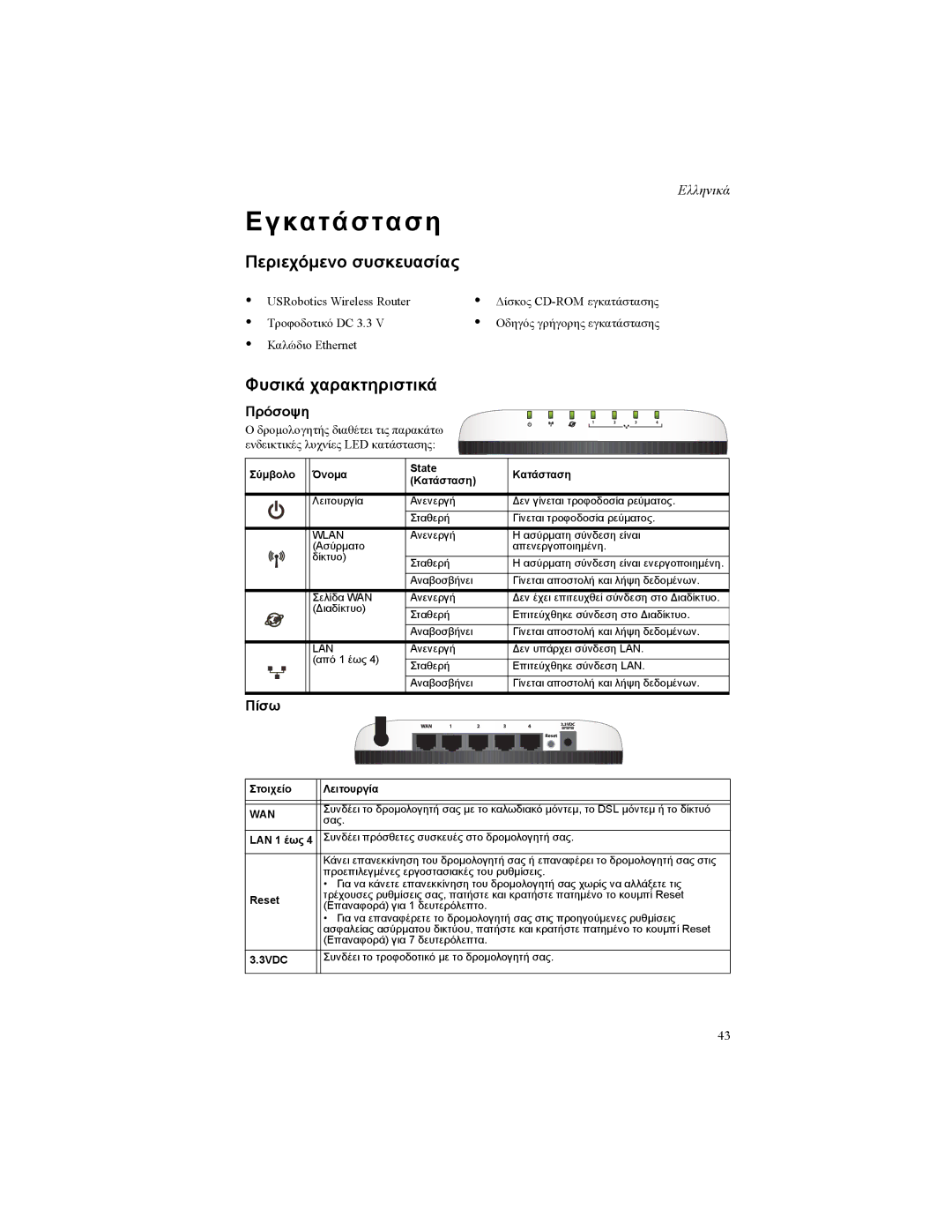 USRobotics 5466 manual Περιεχόμενο συσκευασίας, Φυσικά χαρακτηριστικά, Πρόσοψη, Πίσω 