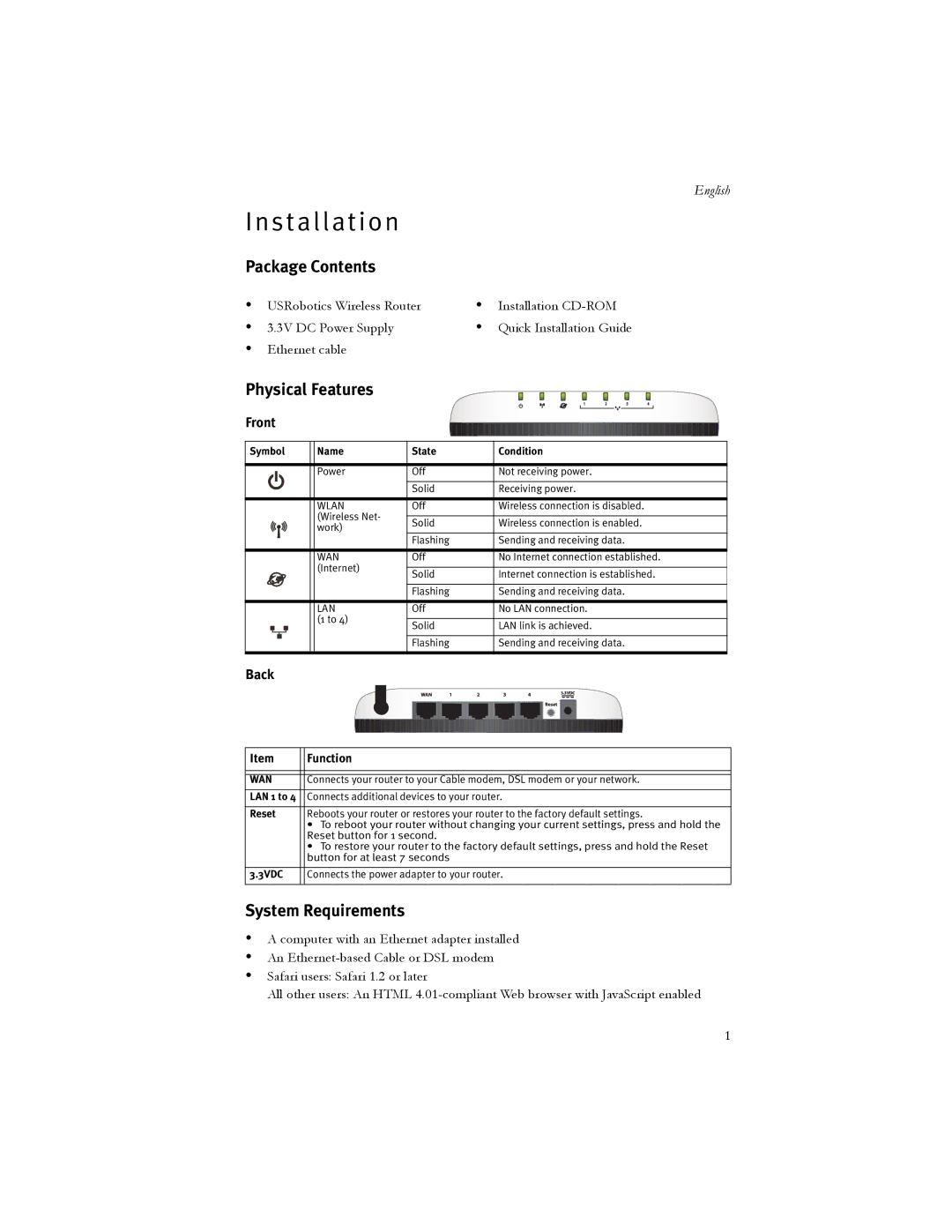 USRobotics 5466 manual Installation, Package Contents, Physical Features, System Requirements 