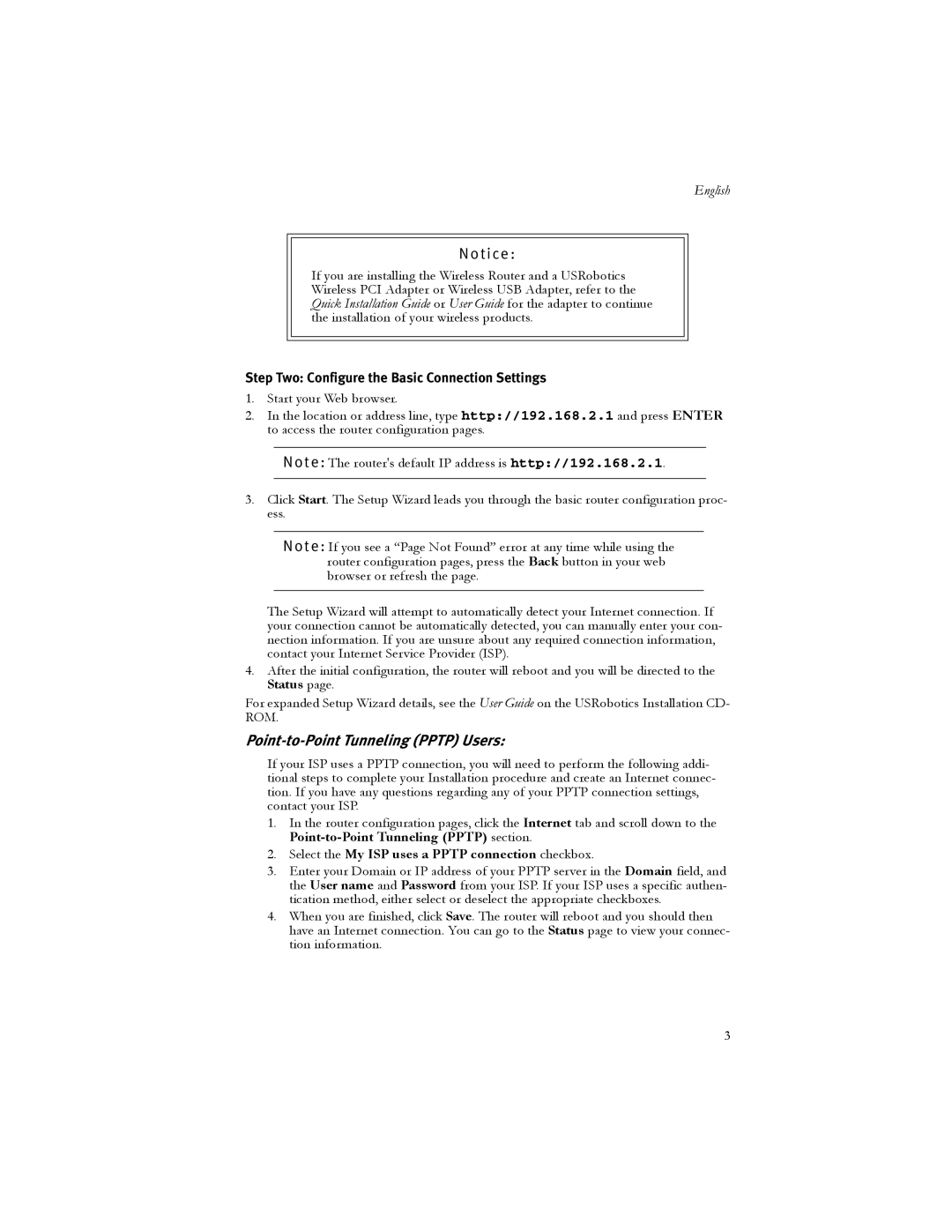 USRobotics 5466 manual Point-to-Point Tunneling Pptp Users, Step Two Configure the Basic Connection Settings 