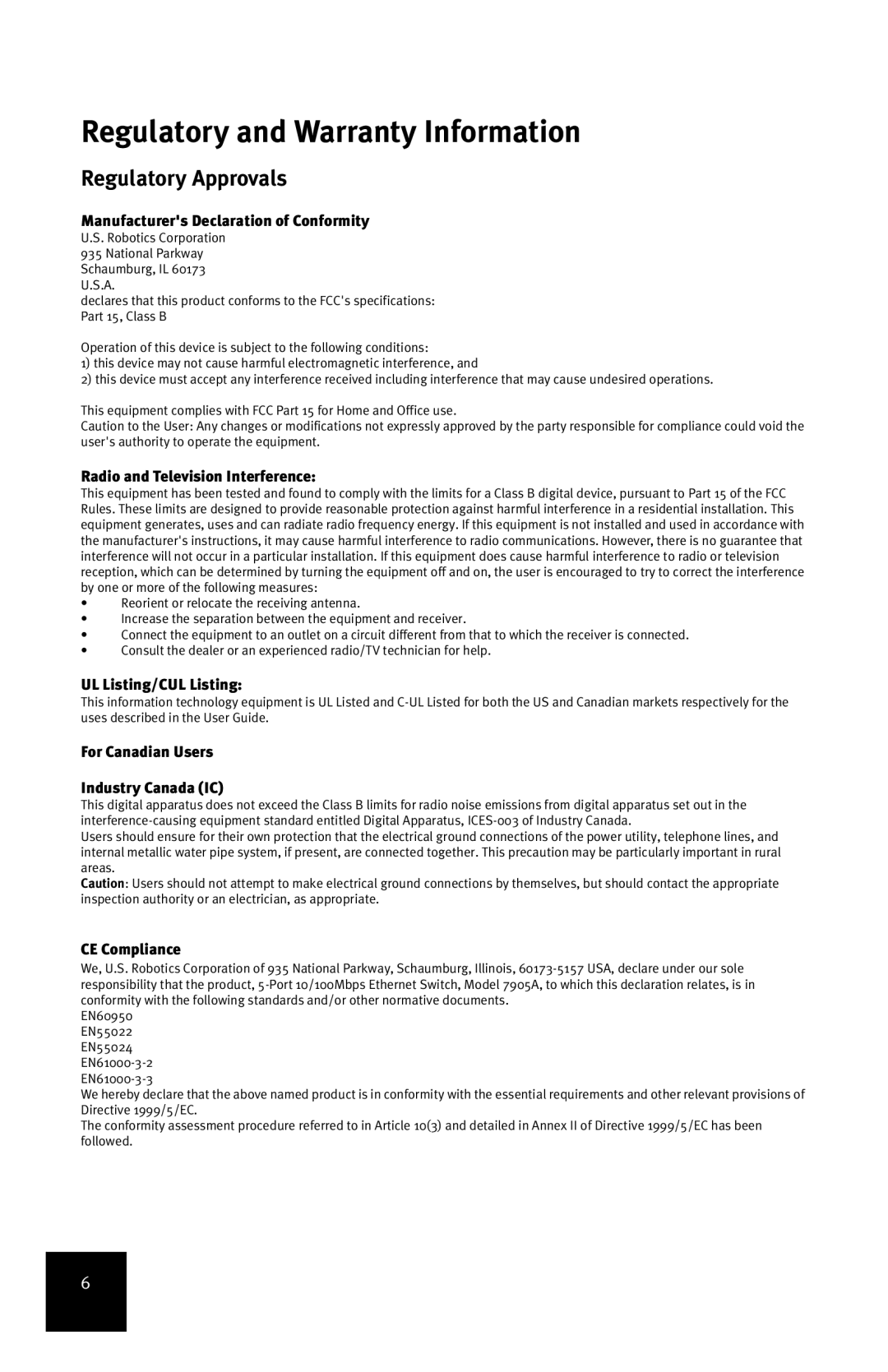 USRobotics 7905A manual Regulatory and Warranty Information, Regulatory Approvals 