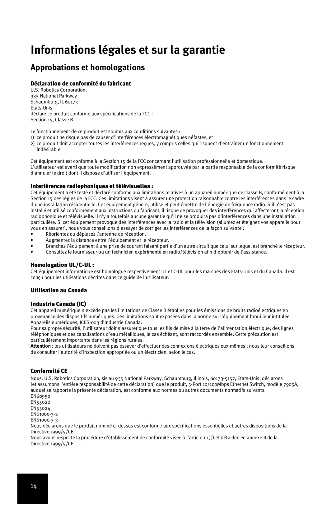 USRobotics 7905A manual Informations légales et sur la garantie, Approbations et homologations 