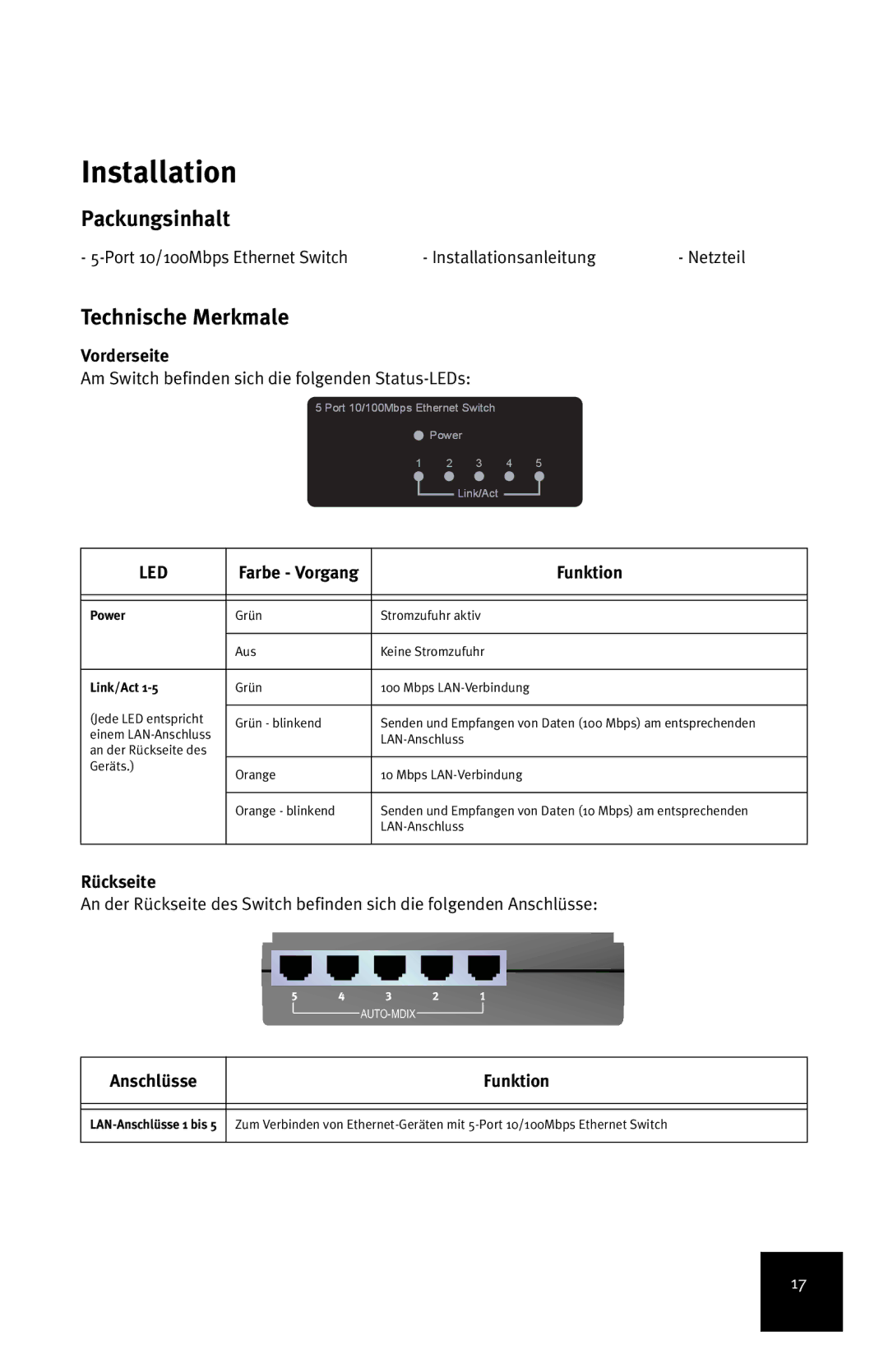 USRobotics 7905A manual Packungsinhalt, Technische Merkmale 