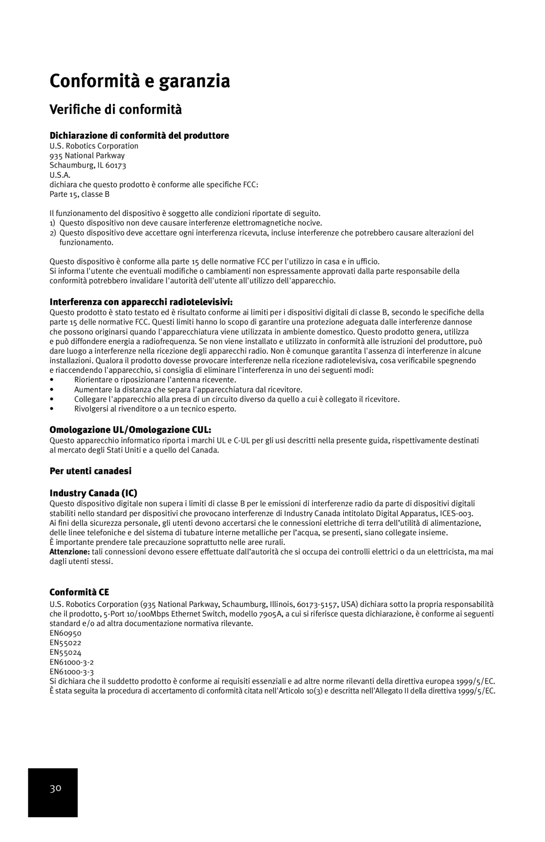 USRobotics 7905A manual Conformità e garanzia, Verifiche di conformità 