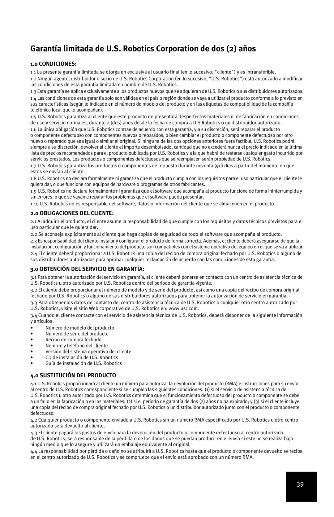 USRobotics 7905A manual Condiciones, Obligaciones DEL Cliente, Obtención DEL Servicio EN Garantía, Sustitución DEL Producto 