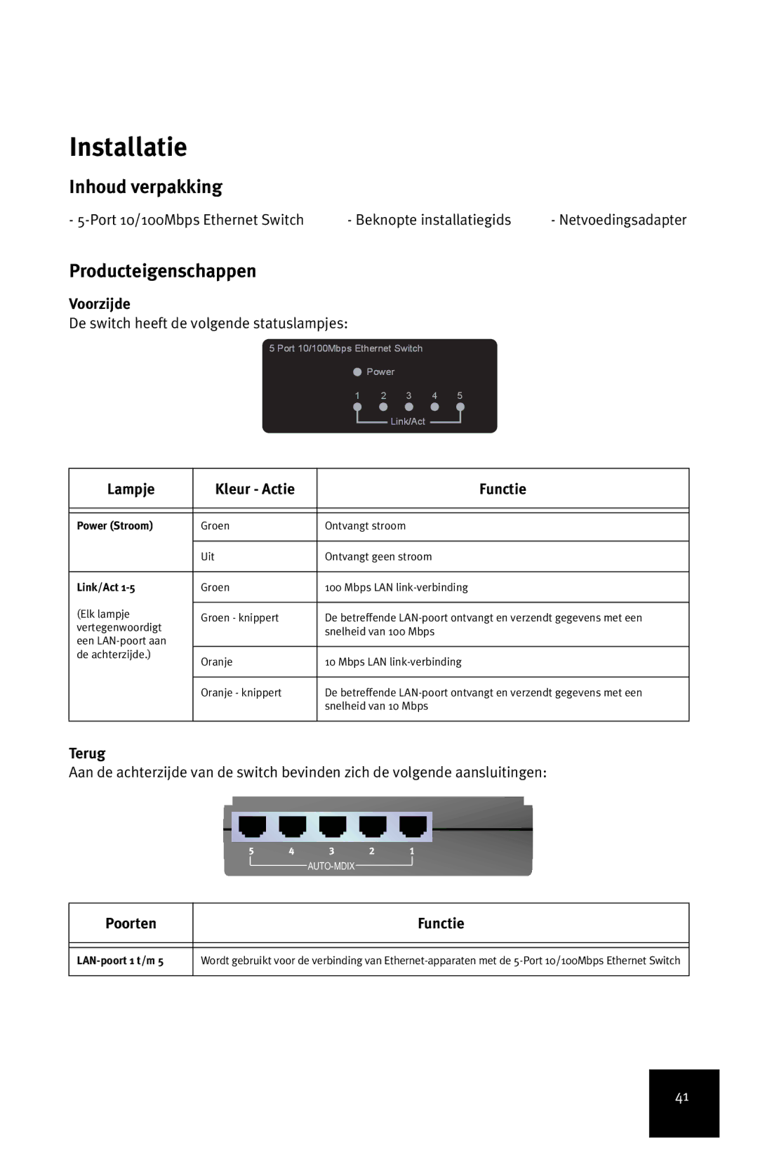 USRobotics 7905A manual Installatie, Inhoud verpakking, Producteigenschappen 