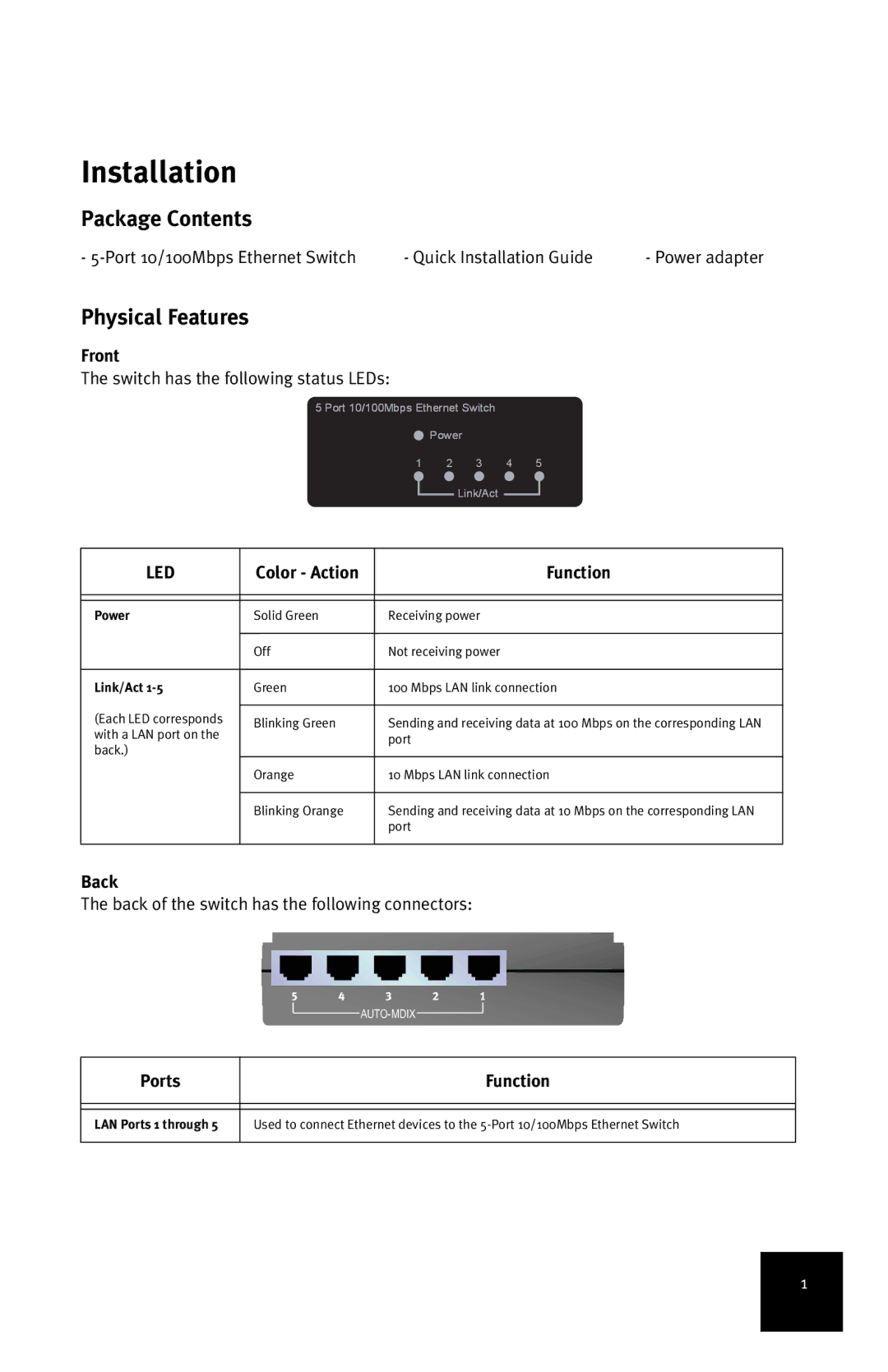 USRobotics 7905A manual Installation, Package Contents, Physical Features 