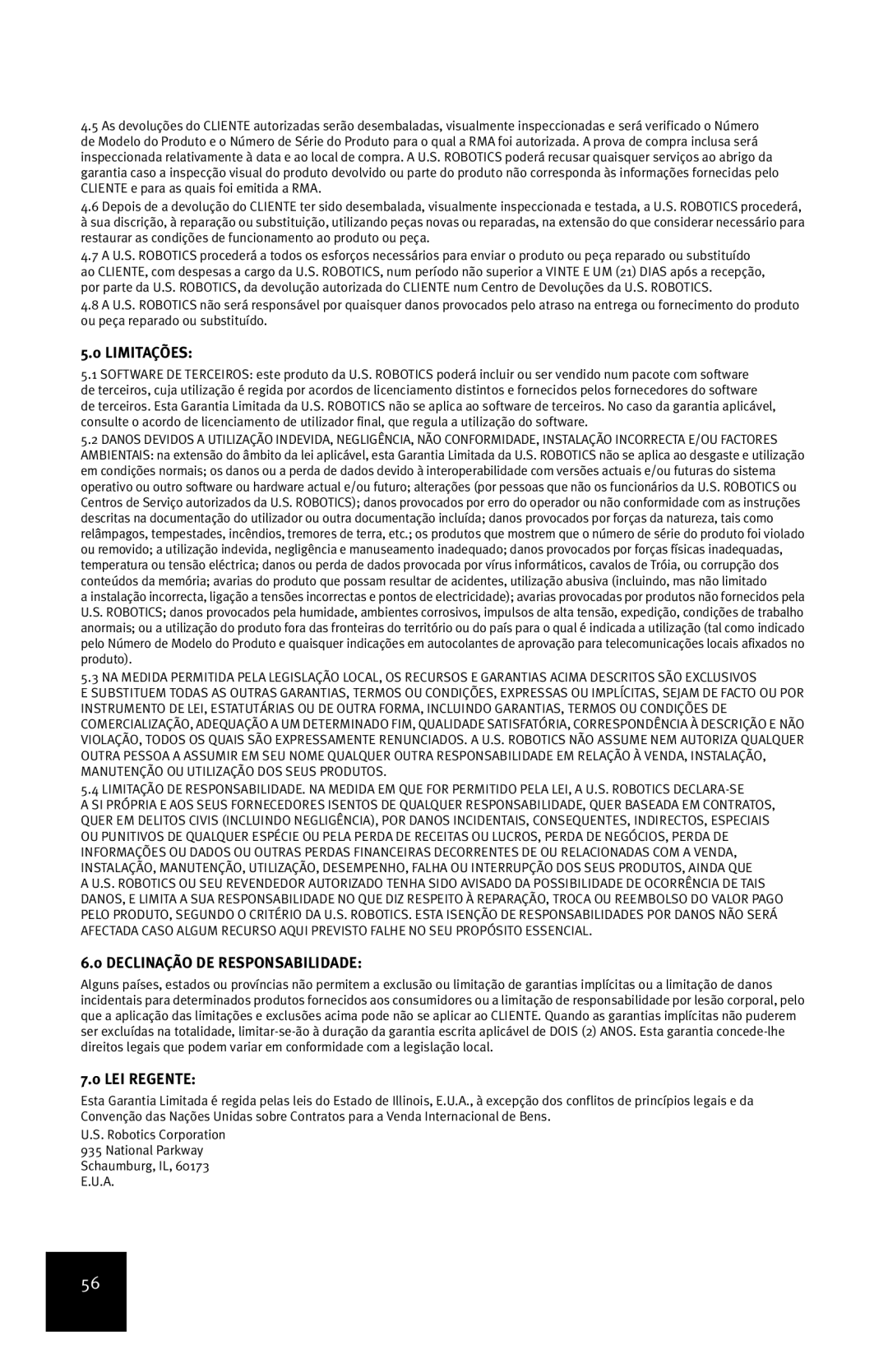 USRobotics 7905A manual Limitações, Declinação DE Responsabilidade, LEI Regente 