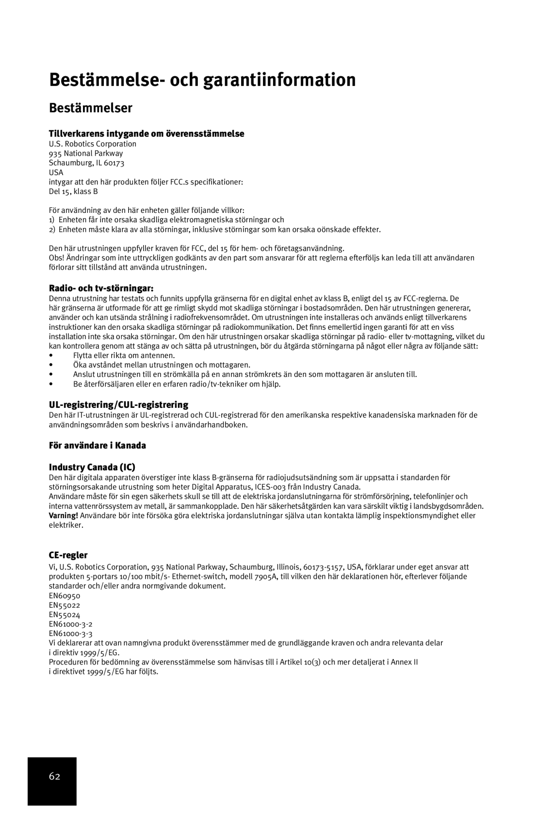 USRobotics 7905A manual Bestämmelse- och garantiinformation, Bestämmelser 