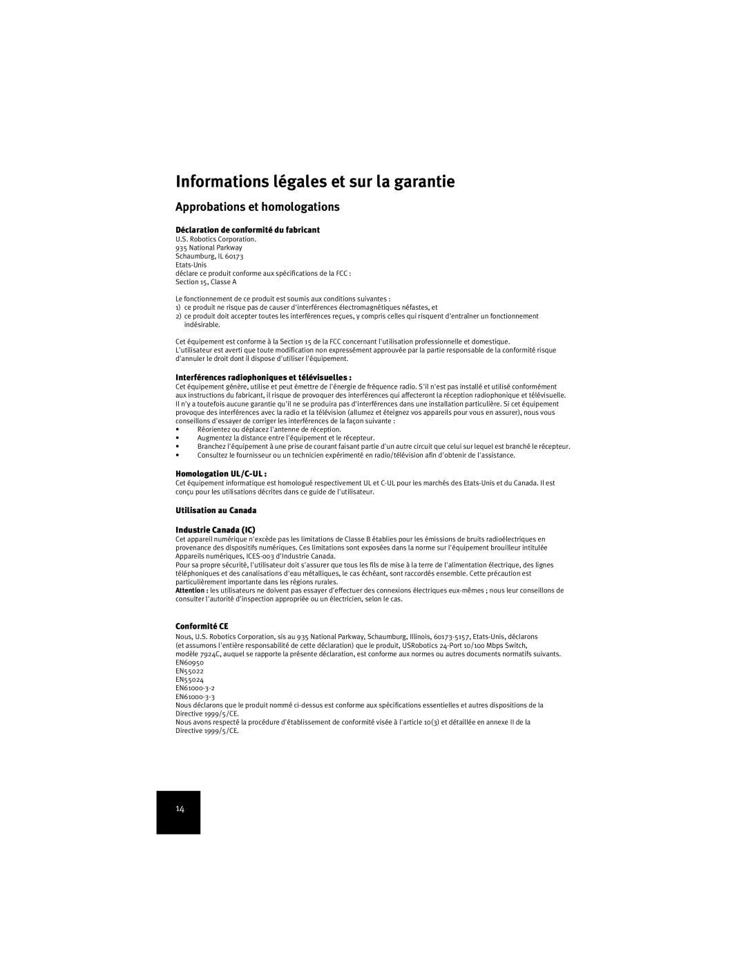 USRobotics 7924C manual Informations légales et sur la garantie, Approbations et homologations 