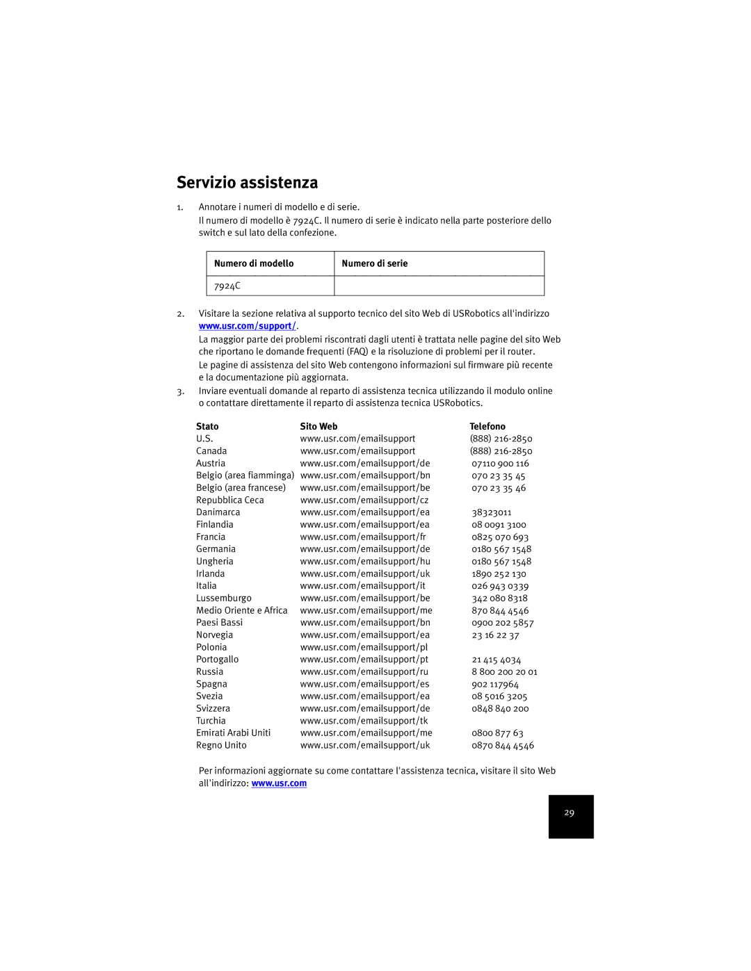 USRobotics 7924C manual Servizio assistenza, Numero di modello Numero di serie, Stato Sito Web Telefono 