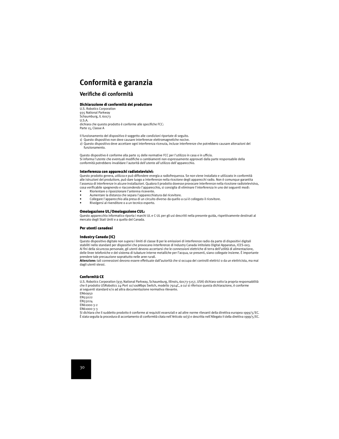 USRobotics 7924C manual Conformità e garanzia, Verifiche di conformità 