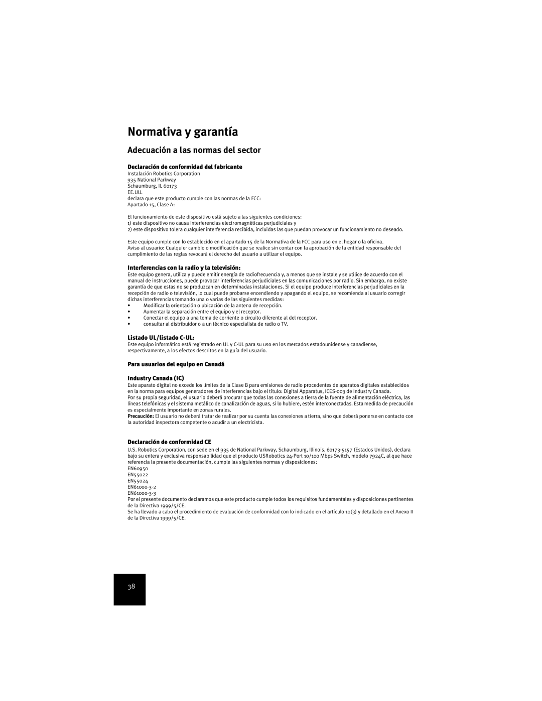 USRobotics 7924C manual Normativa y garantía, Adecuación a las normas del sector 