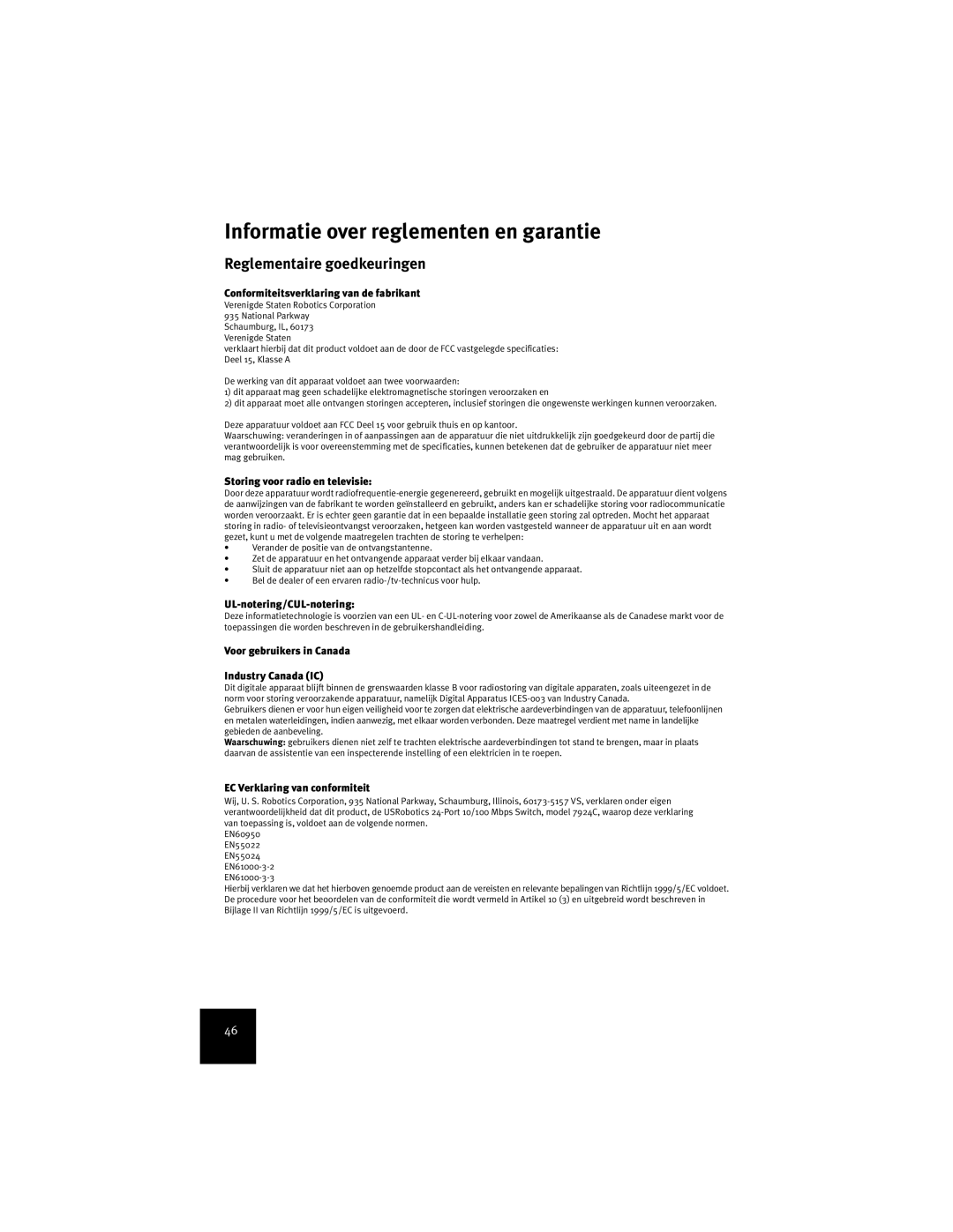 USRobotics 7924C manual Informatie over reglementen en garantie, Reglementaire goedkeuringen 