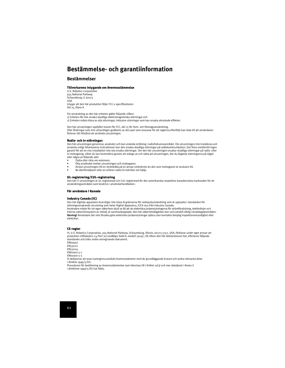 USRobotics 7924C manual Bestämmelse- och garantiinformation, Bestämmelser 