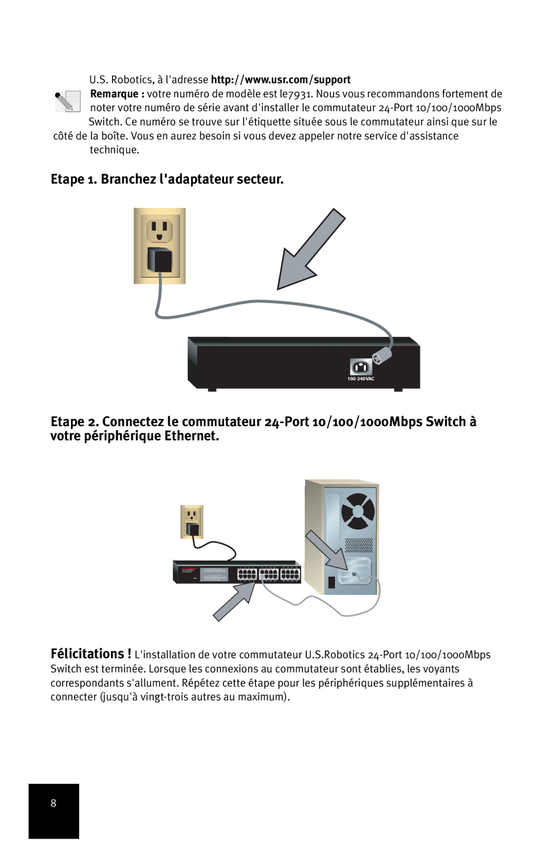 USRobotics 7931 manual Etape 1. Branchez ladaptateur secteur 