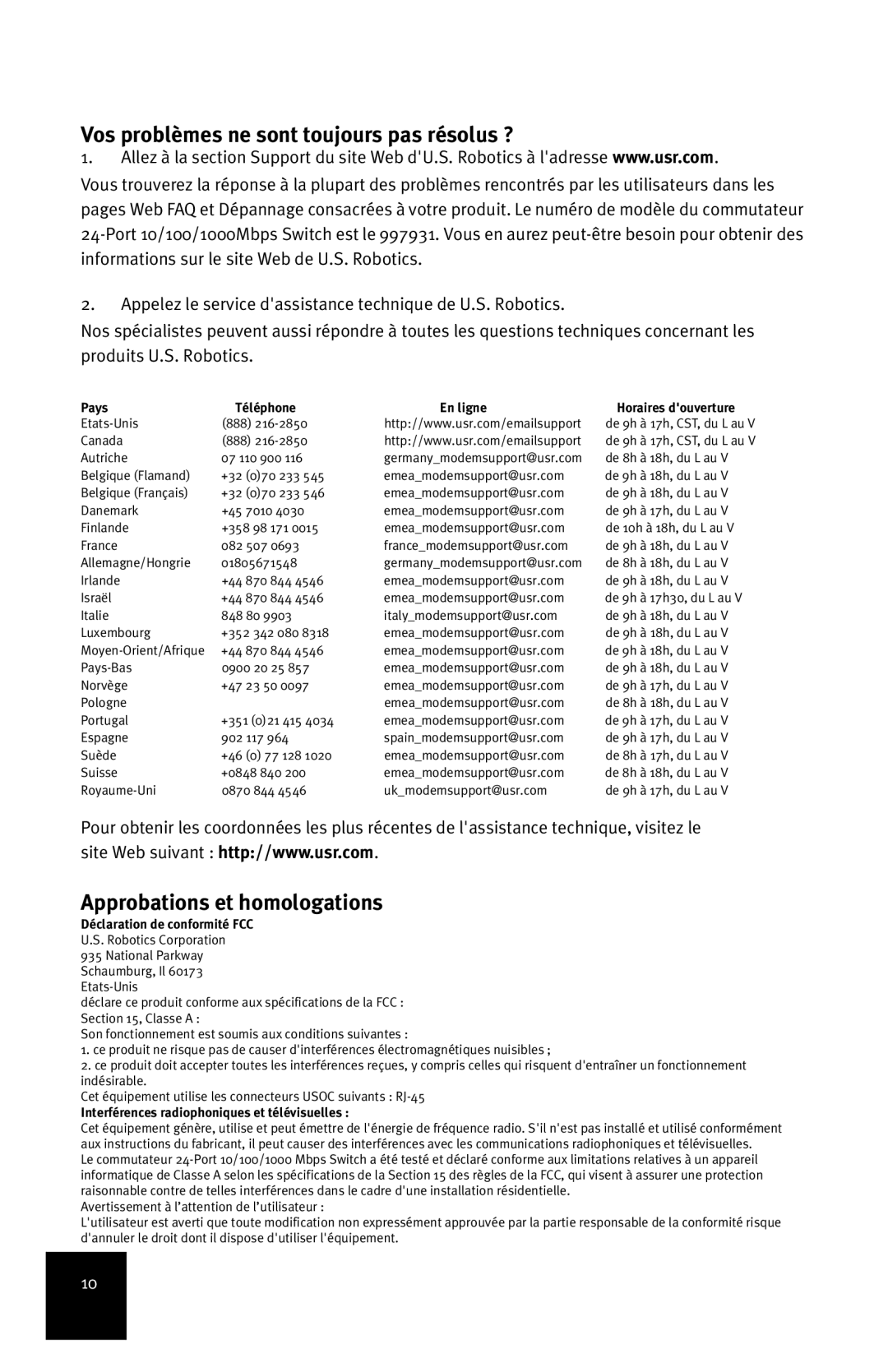 USRobotics 7931 manual Vos problèmes ne sont toujours pas résolus ?, Approbations et homologations 