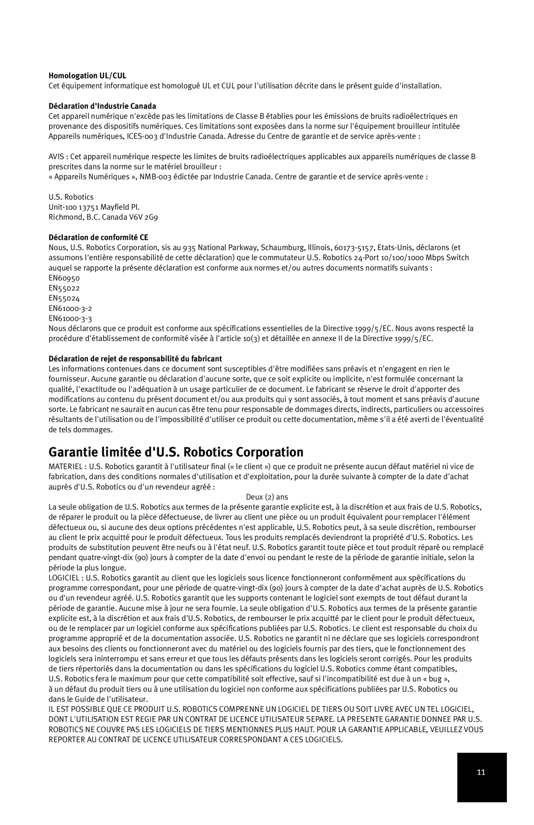 USRobotics 7931 manual Garantie limitée dU.S. Robotics Corporation, Homologation UL/CUL, Déclaration dIndustrie Canada 