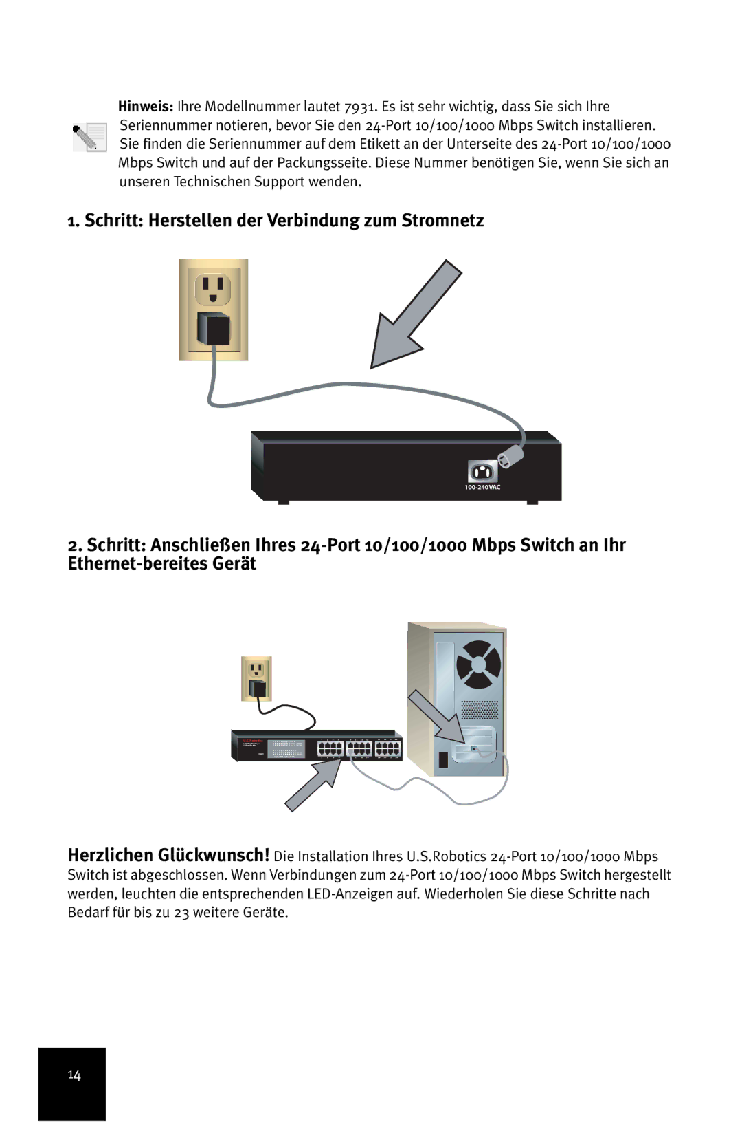 USRobotics 7931 manual Schritt Herstellen der Verbindung zum Stromnetz 