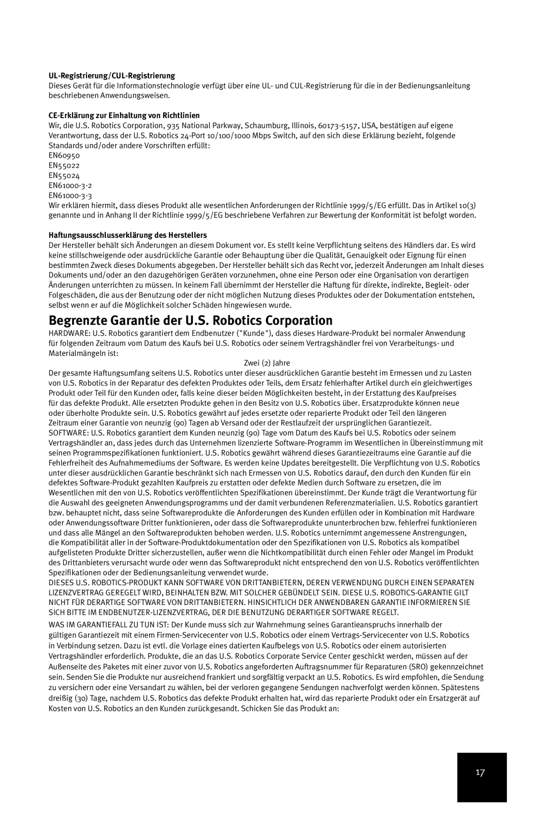 USRobotics 7931 manual Begrenzte Garantie der U.S. Robotics Corporation, UL-Registrierung/CUL-Registrierung 