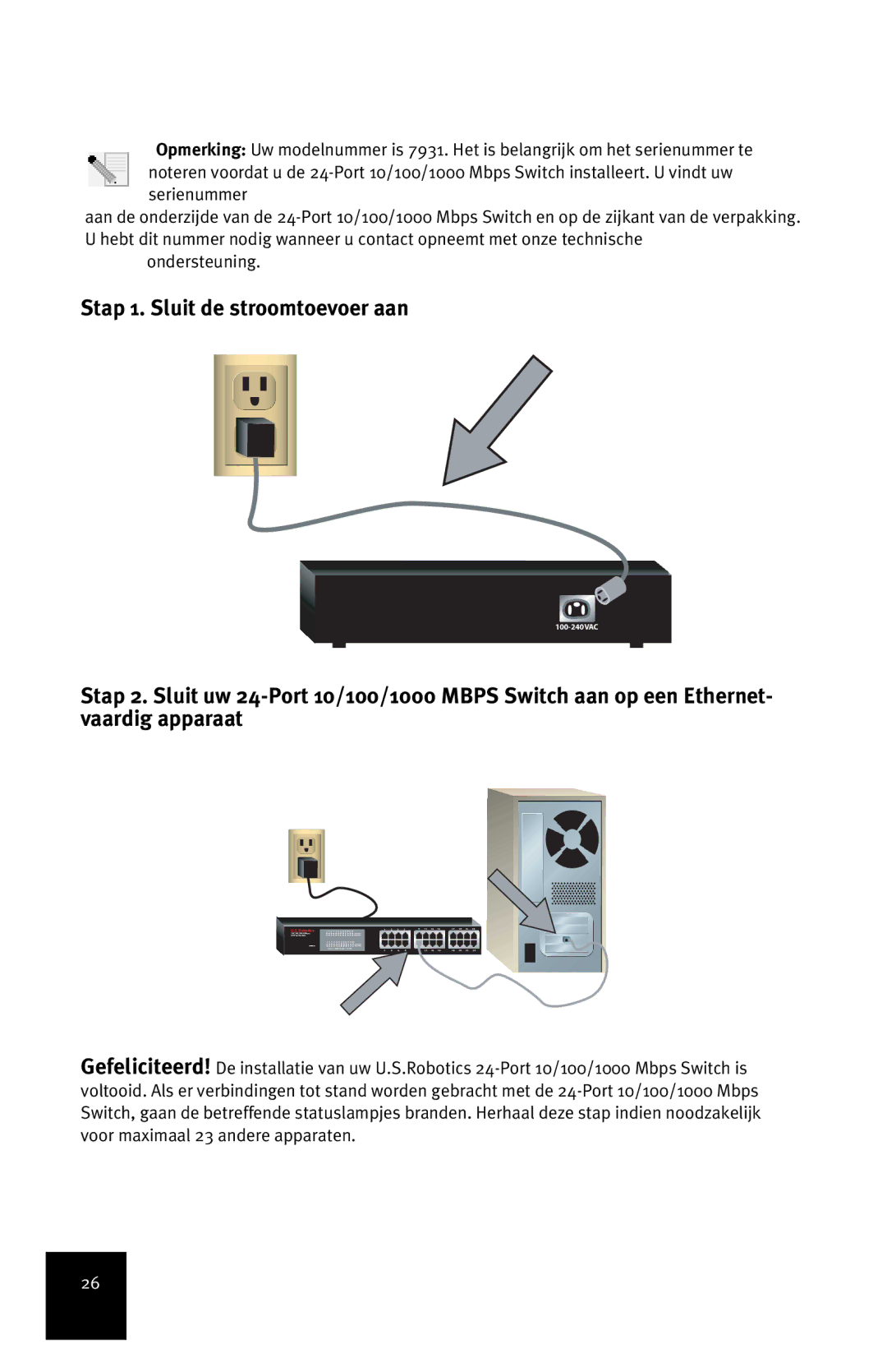 USRobotics 7931 manual Stap 1. Sluit de stroomtoevoer aan 