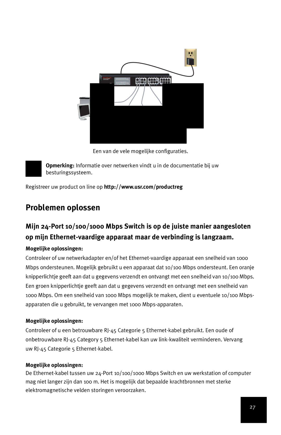 USRobotics 7931 manual Problemen oplossen, Mogelijke oplossingen 