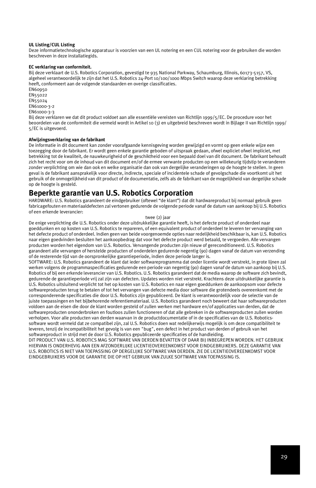 USRobotics 7931 manual Beperkte garantie van U.S. Robotics Corporation, EC verklaring van conformiteit 