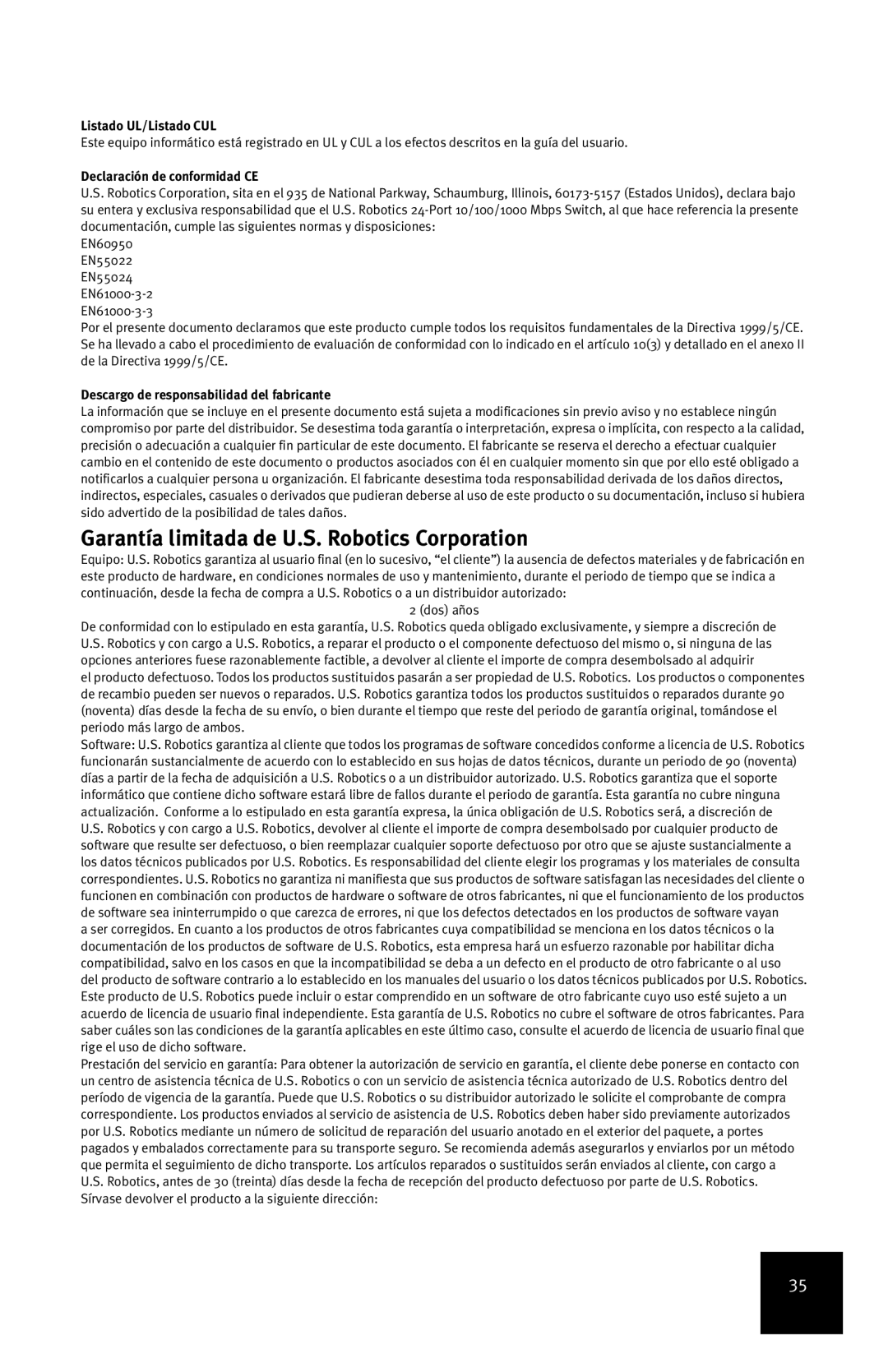 USRobotics 7931 Garantía limitada de U.S. Robotics Corporation, Listado UL/Listado CUL, Declaración de conformidad CE 