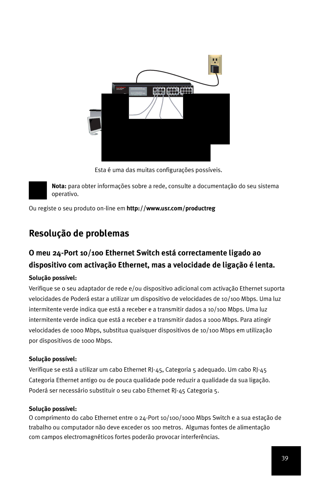 USRobotics 7931 manual Resolução de problemas, Solução possível 