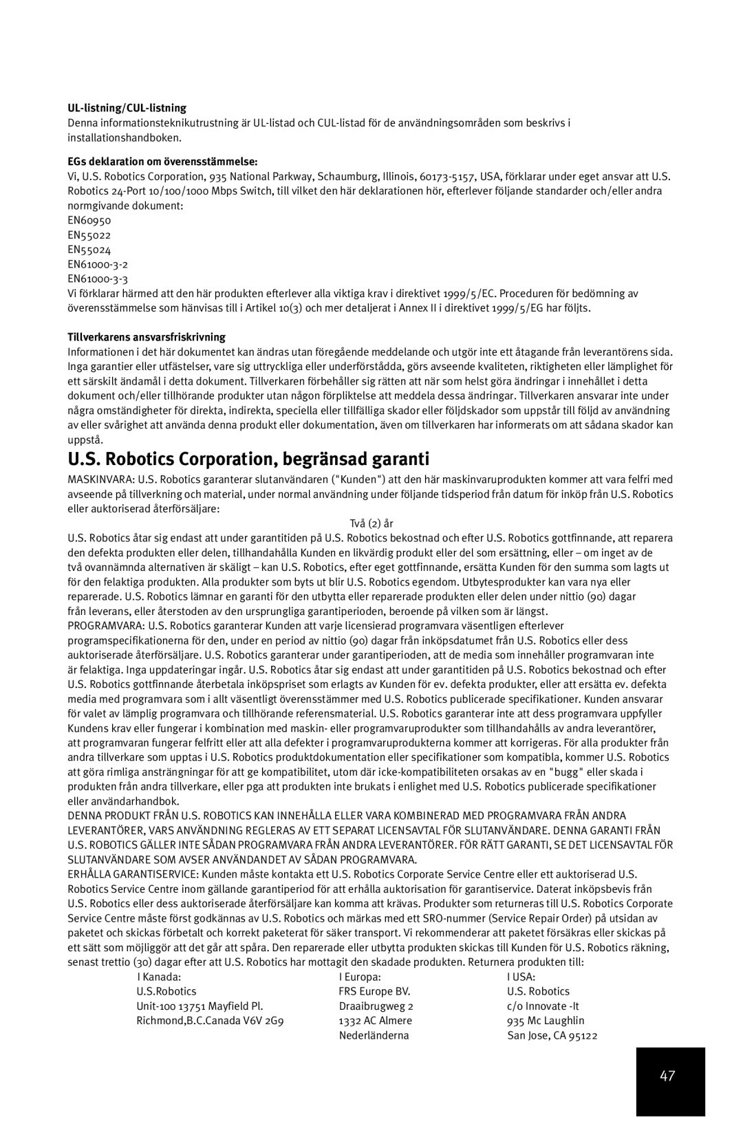 USRobotics 7931 Robotics Corporation, begränsad garanti, UL-listning/CUL-listning, EGs deklaration om överensstämmelse 