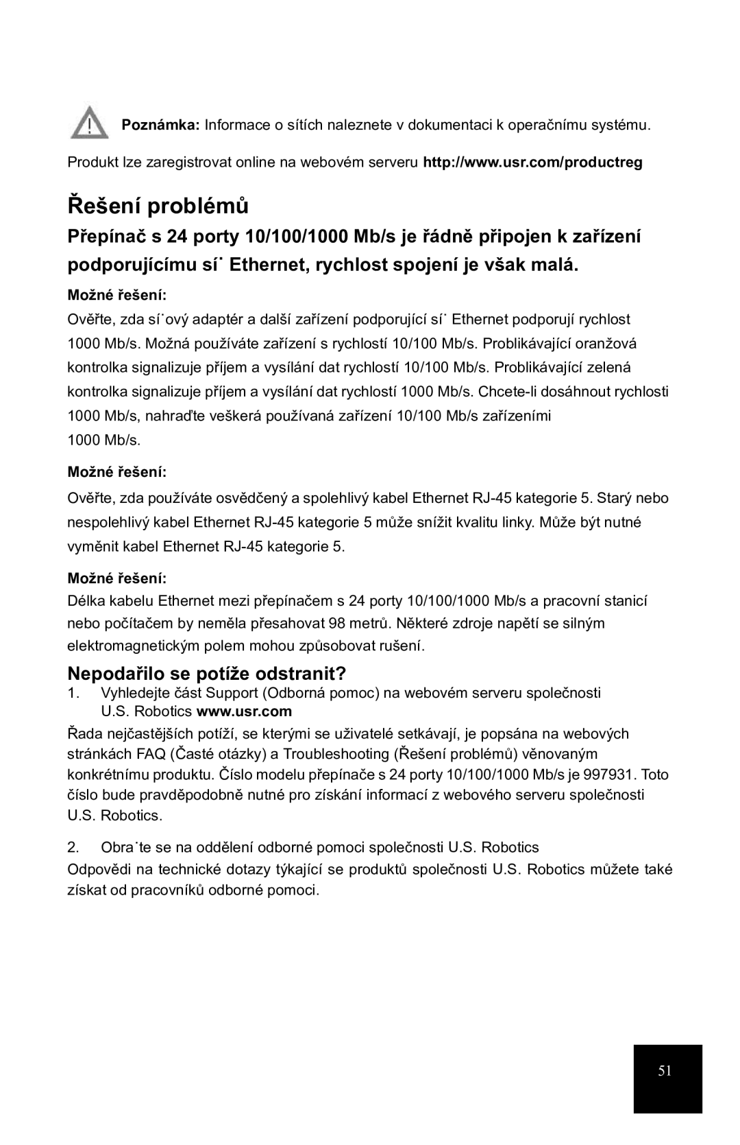 USRobotics 7931 manual Řešení problémů, Nepodařilo se potíže odstranit?, Možné řešení 